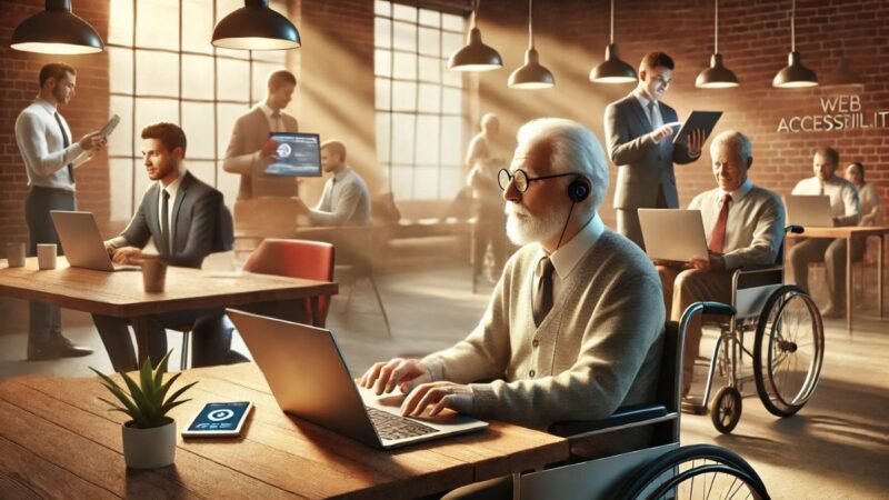 Elderly man in a wheelchair using a laptop with assistive technology in a modern office, symbolizing web accessibility.