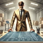 A young businessman in a golden suit standing at a table, deeply focused on a blueprint outlining e-commerce business strategies.