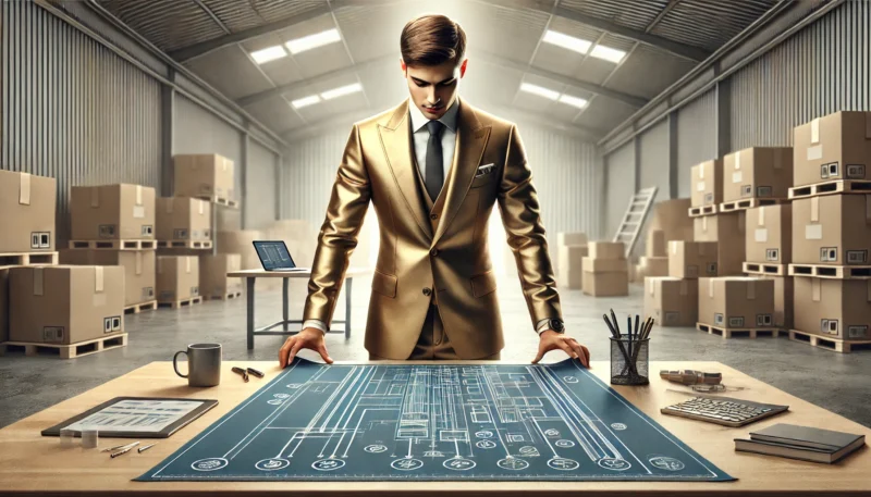 A young businessman in a golden suit standing at a table, deeply focused on a blueprint outlining e-commerce business strategies.