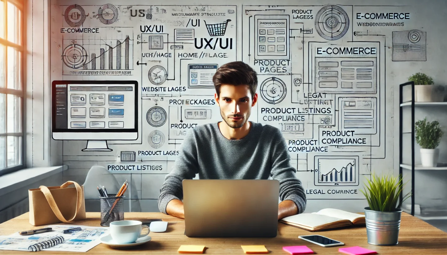 A young professional managing e-commerce operations at a desk with multiple screens, flowcharts, and sticky notes. The workspace includes digital gadgets and e-commerce-related props.