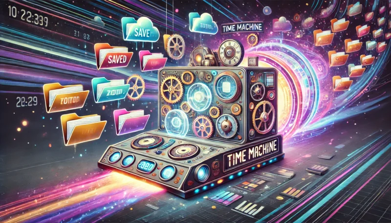 A whimsical, steampunk-inspired time machine with gears, dials, and glowing panels at the center. Colorful digital files in various shapes, such as folders, documents, and clouds, float around it, some being pulled into the machine and others emerging from it. The background features streaks of light and a cosmic color palette of purples, blues, and pinks, symbolizing time travel.