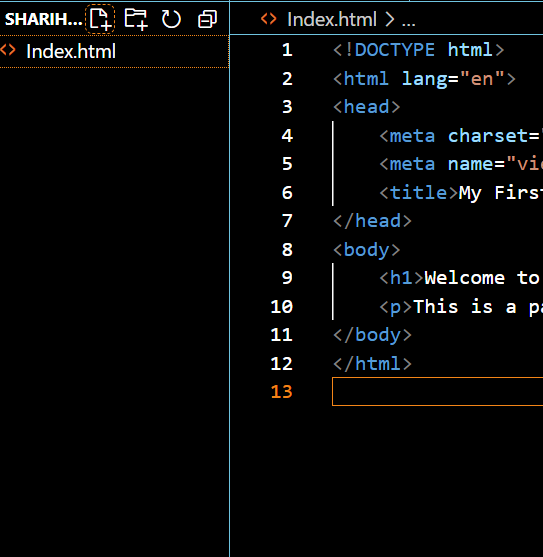 A Screen short of file created showing index.html and and added code of html in visual studio code.