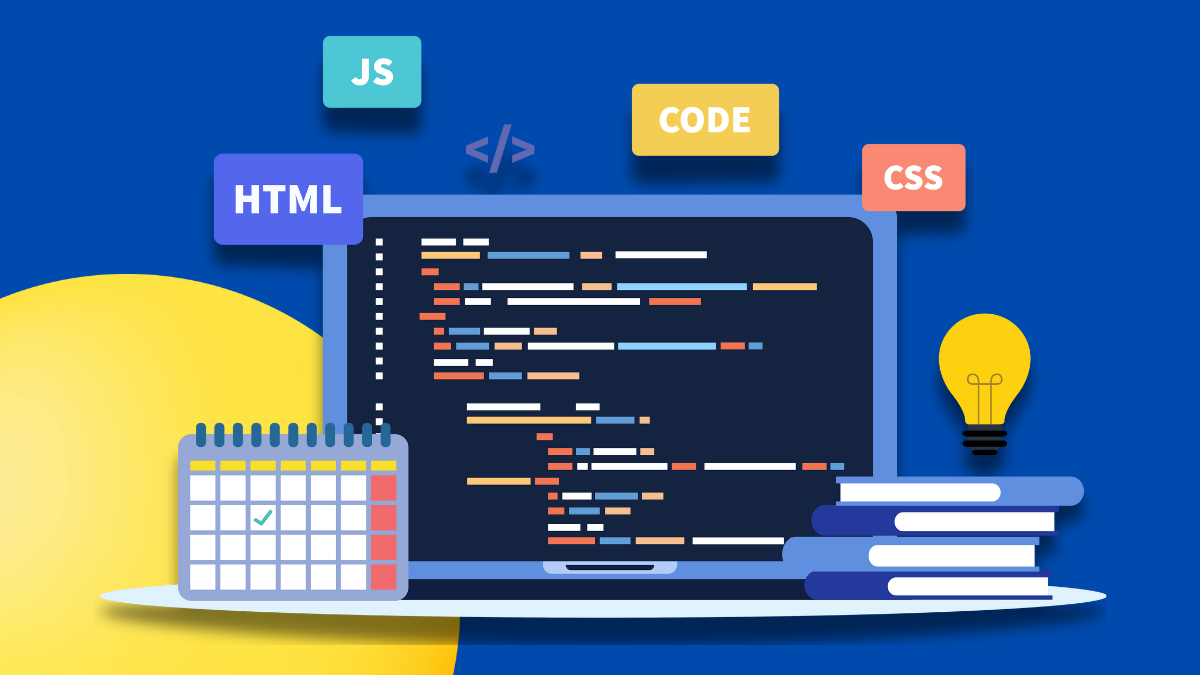 Illustration of web development with a laptop displaying code, surrounded by HTML, CSS, JS labels, a calendar, light bulb, and books.